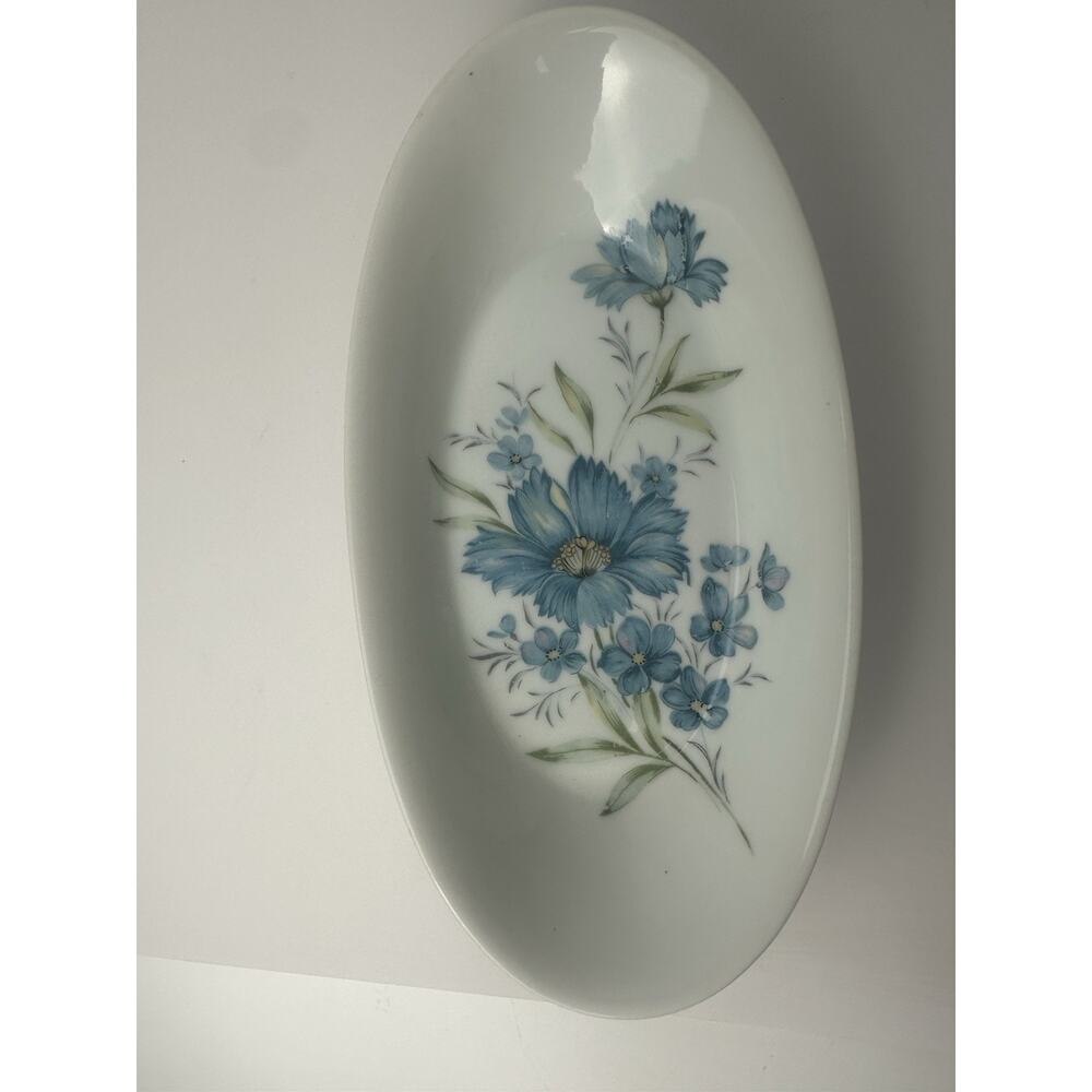 Oval Relish, Snack, Desert Dish - Blue Peony Flowers - Royal Crown Jewelry Dish